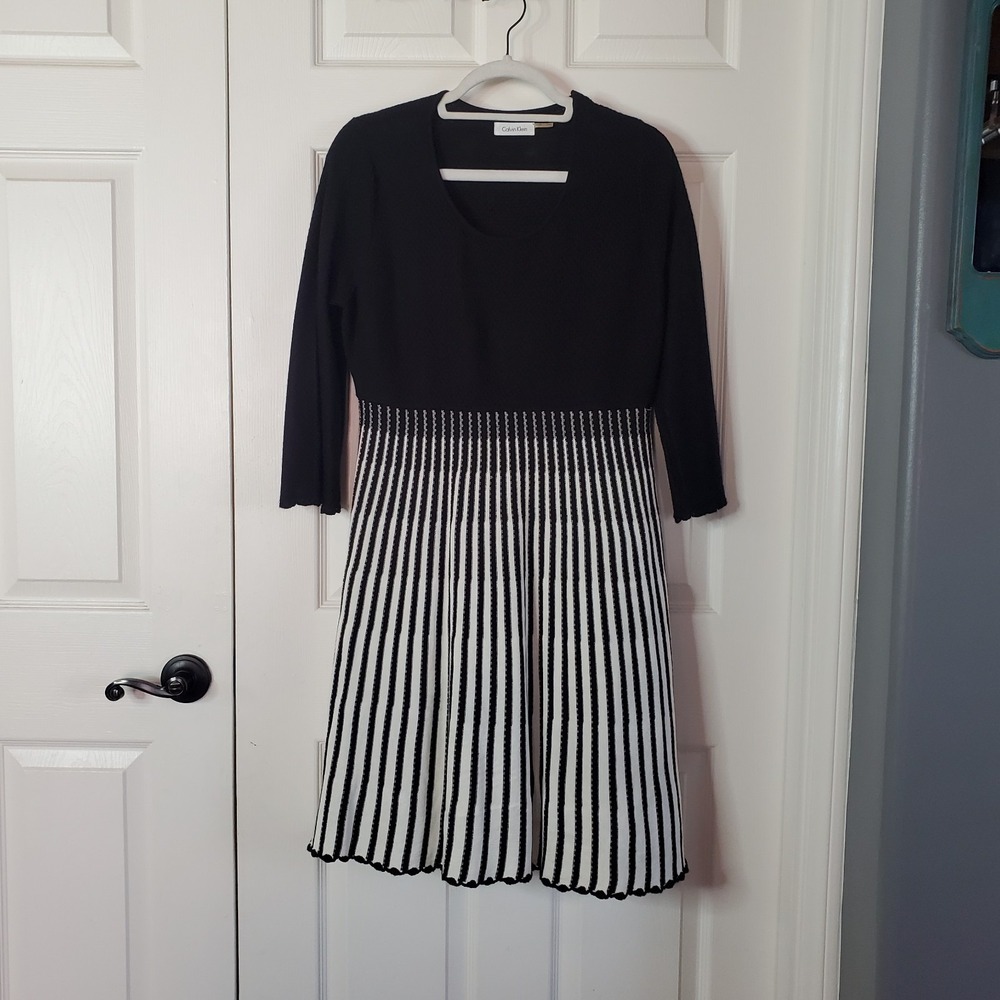 Calvin Klein Black White Striped Midi Dress Knit Elegant Office Career Formal XL